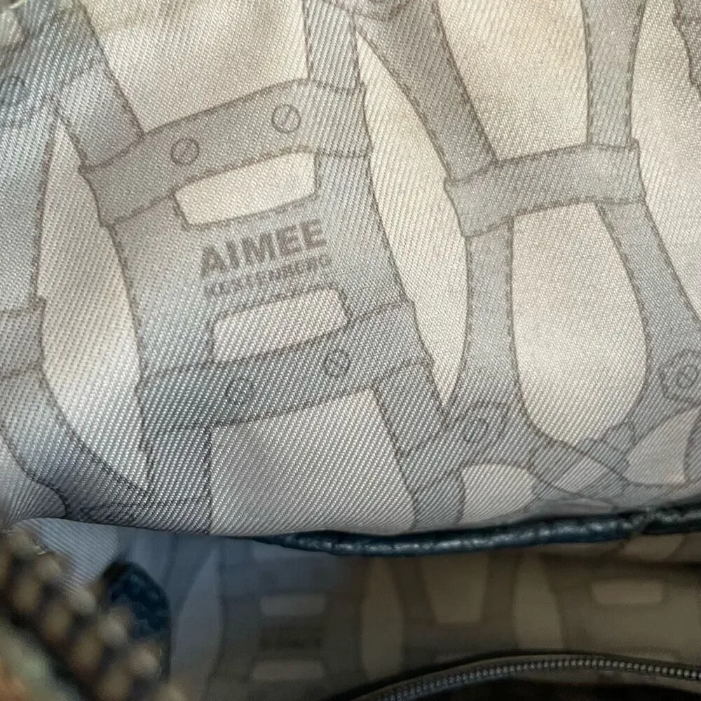 Aimee Kestenberg Coated Batik Pattern Faux Leather Dark Blue Trim Bag Purse $248